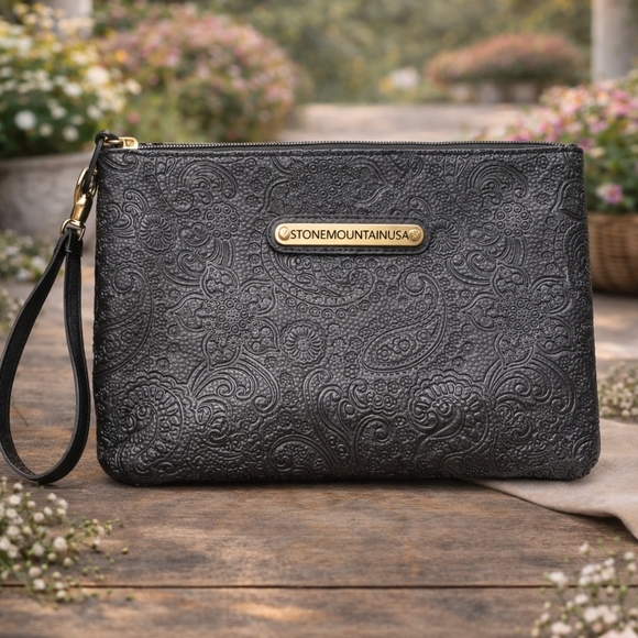 Stone Mountain USA Handbags - Stone Mountain USA Black Embossed Paisley Wristlet Clutch
